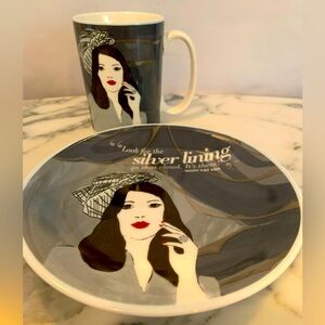 Mary Kay Gray/White “Silver Lining” Porcelain Cup & Dessert Plate NWOT